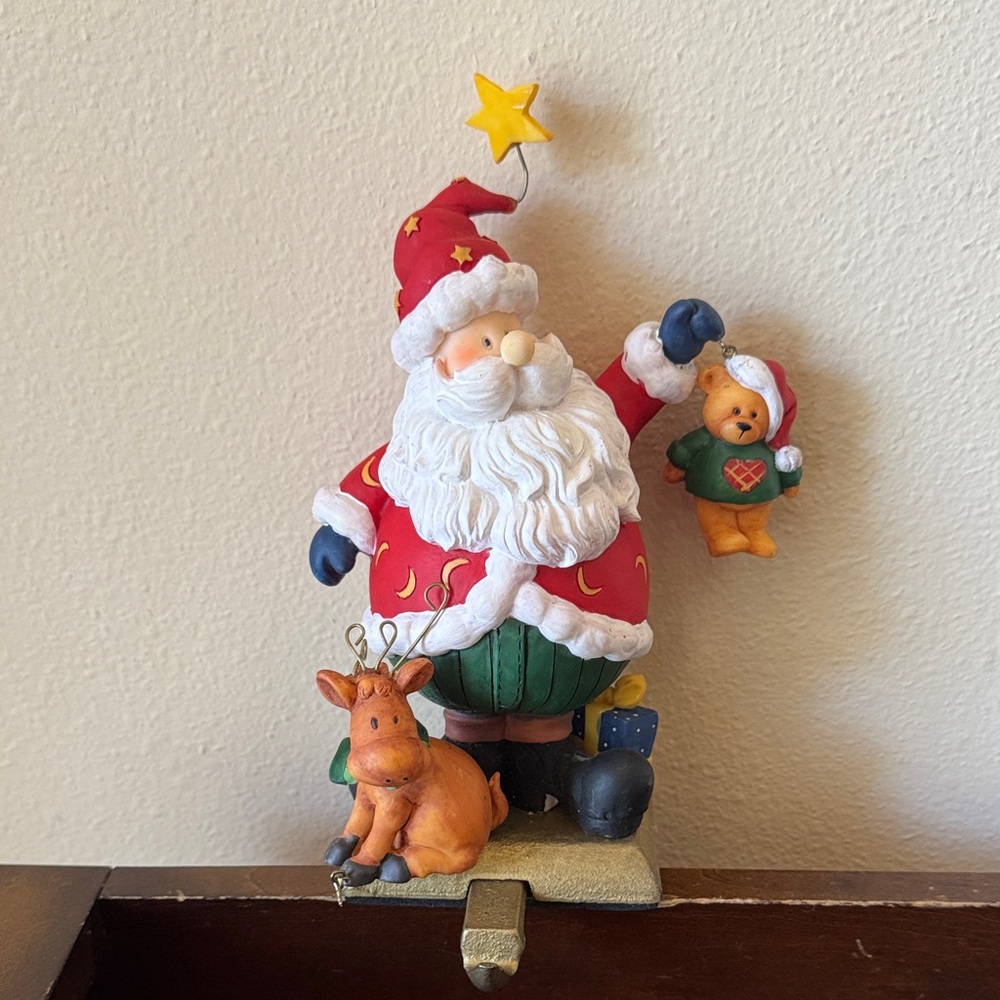Vtg Christmas Santa Stocking Holder w/Teddy Bear & Reindeer
